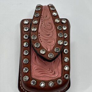 Hilason Hand Tooled Leather Bling Pink Western Cell Phone Case with Belt Clip